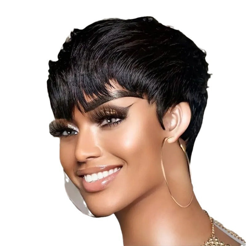100% Human Hair Short Cut curly Wig Pixie Bob 1B color