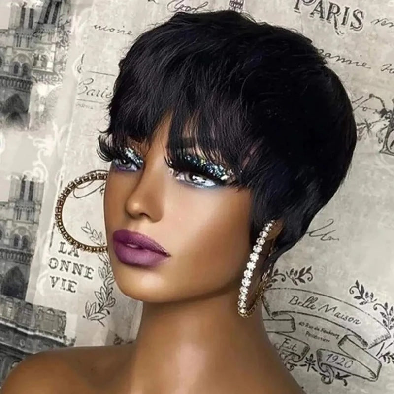 100% Human Hair Short Cut curly Wig Pixie Bob 1B color