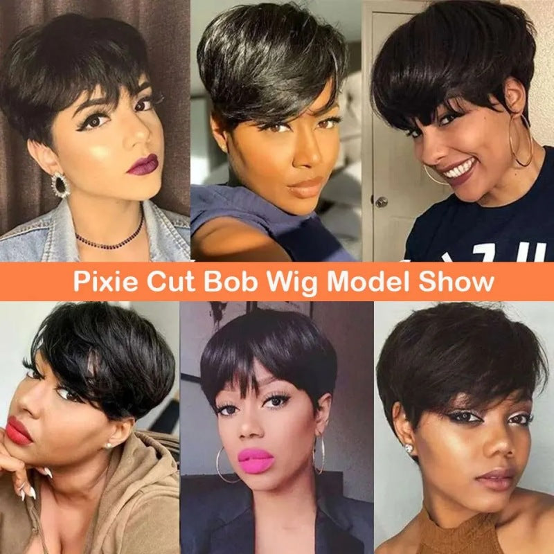 100% Human Hair Short Cut curly Wig Pixie Bob 1B color