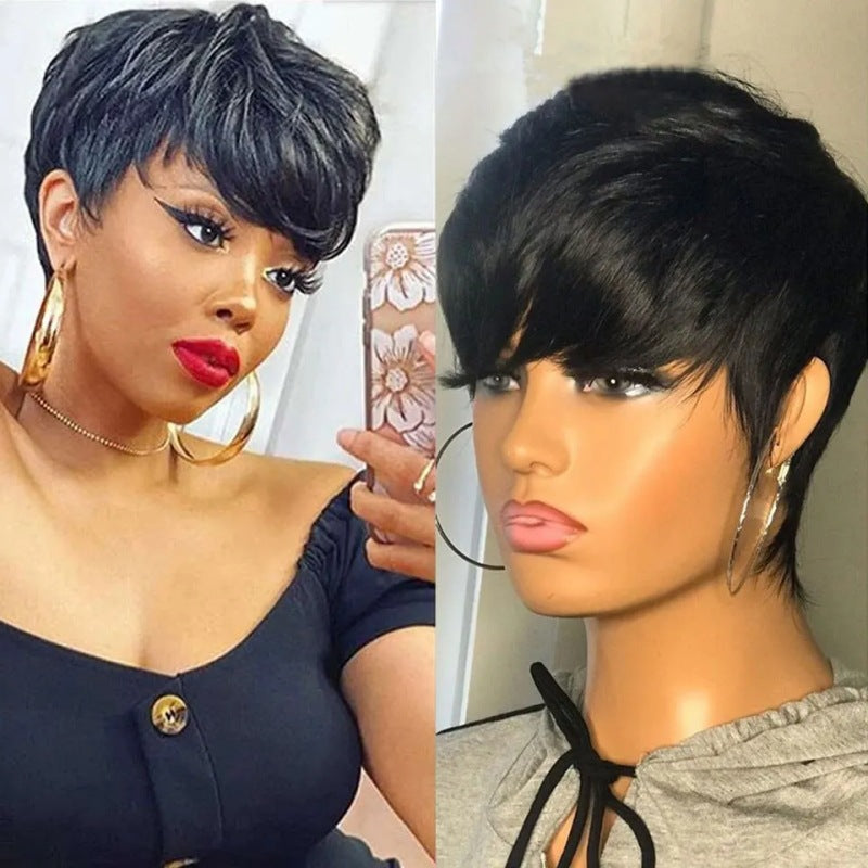 100% Human Hair Short Cut curly Wig Pixie Bob 1B color