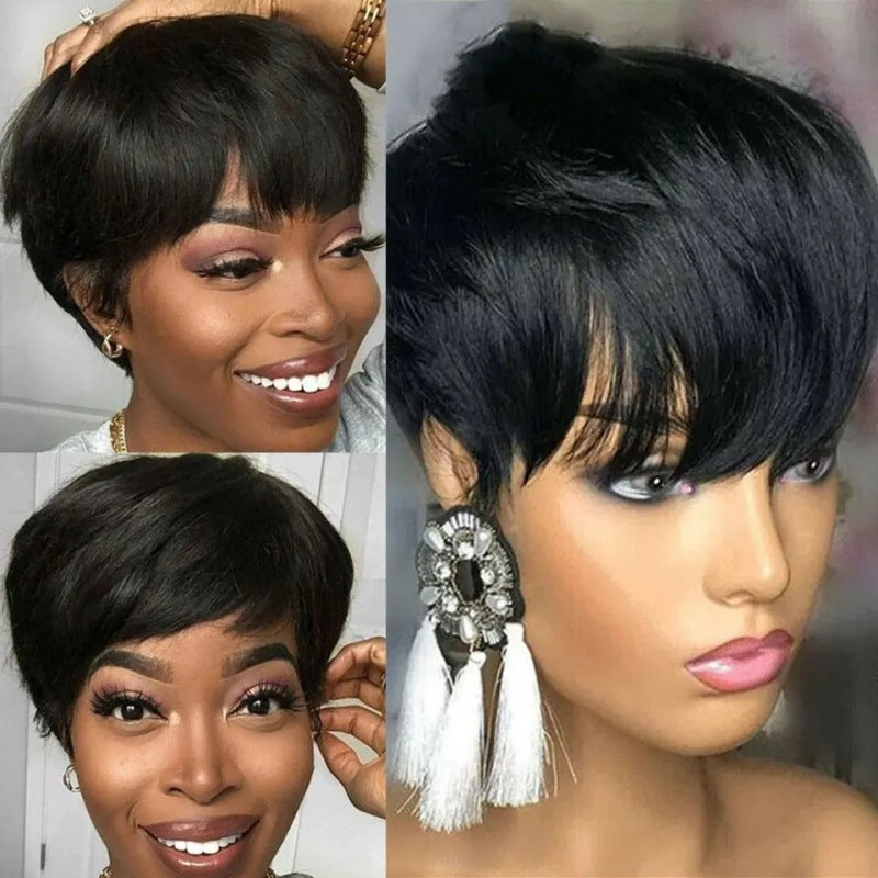 100% Human Hair Short Cut curly Wig Pixie Bob 1B color