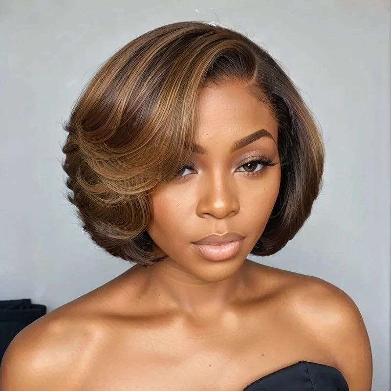 Hot Sale 13x4 Pixie Bob Wig 180% density Brazilian human hair 4# color