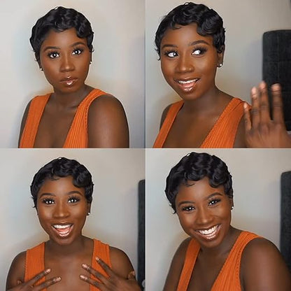 100% Human Hair T frontal Deep Wave Pixie Cut Bob Wig
