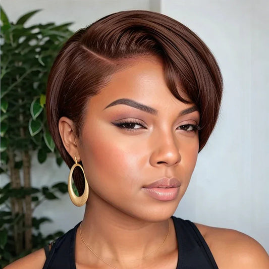 Hot Sale 13x4 Pixie Bob Wig 180% density Brazilian human hair 4# color