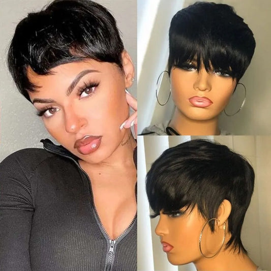 100% Human Hair Short Cut curly Wig Pixie Bob 1B color